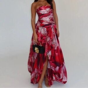 Aje Red and White Strapless Floral Dress